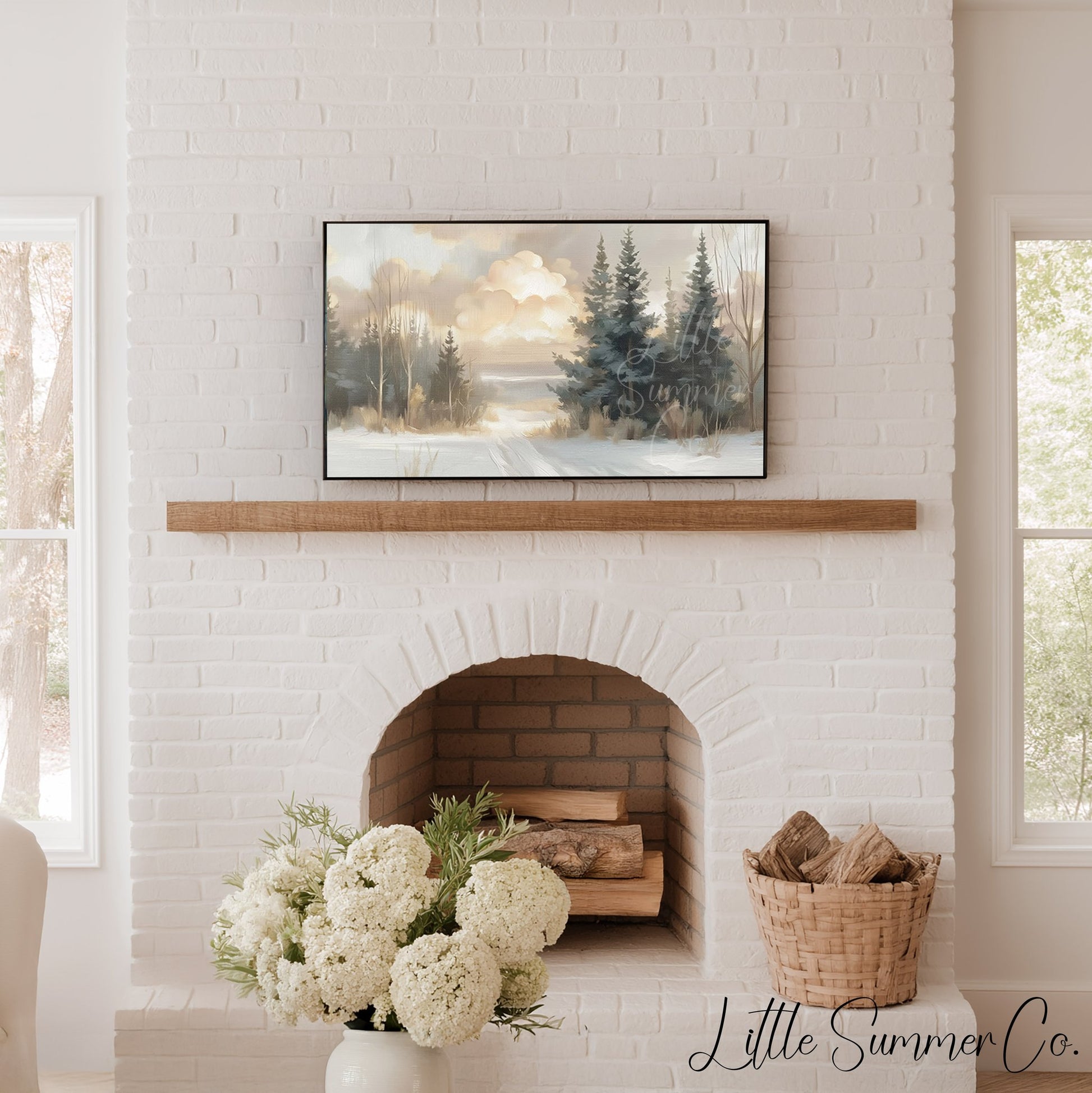 Snowy Pine Path Frame TV Art displayed on a TV
