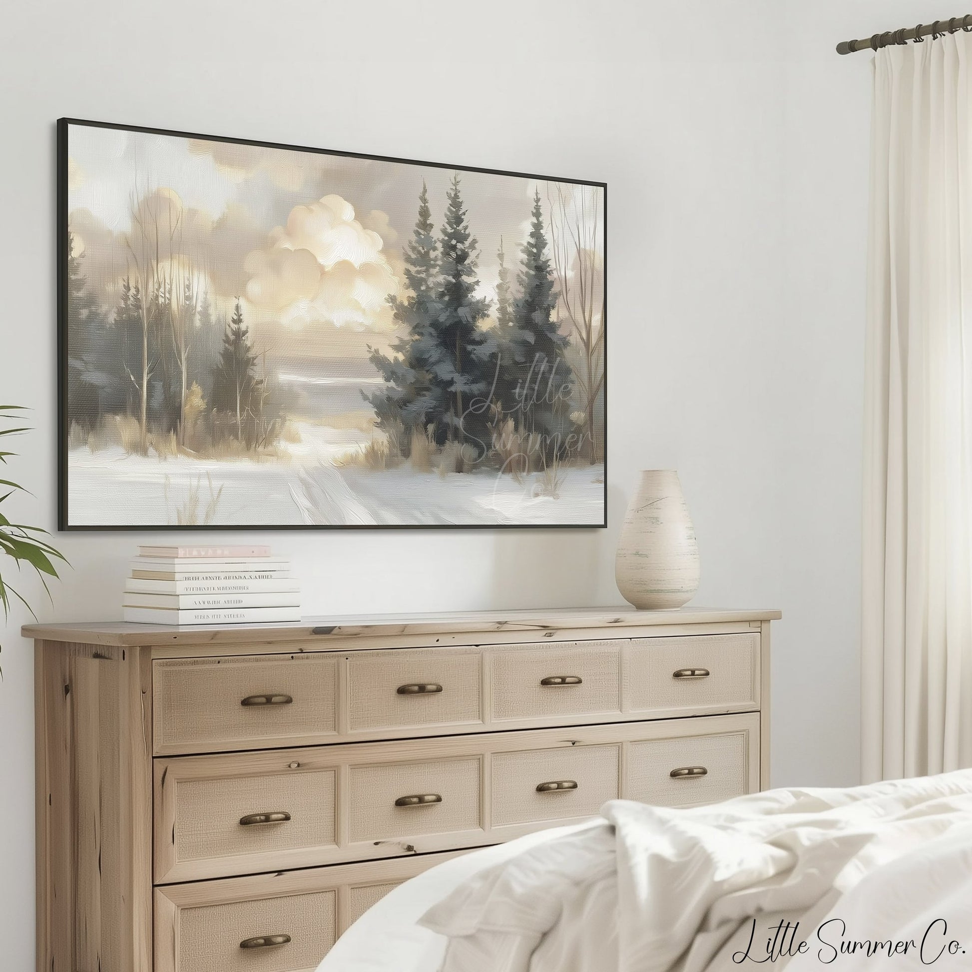 Snowy Pine Path Frame TV Art displayed on a TV