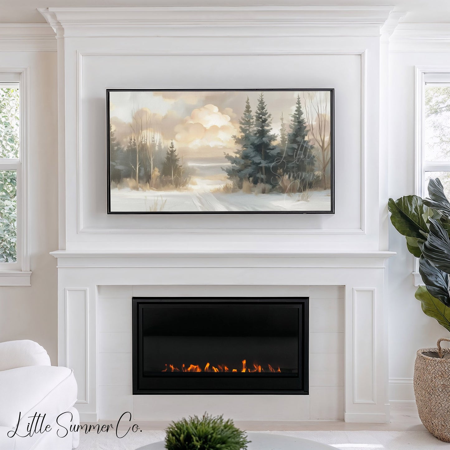 Snowy Pine Path Frame TV Art displayed on a TV
