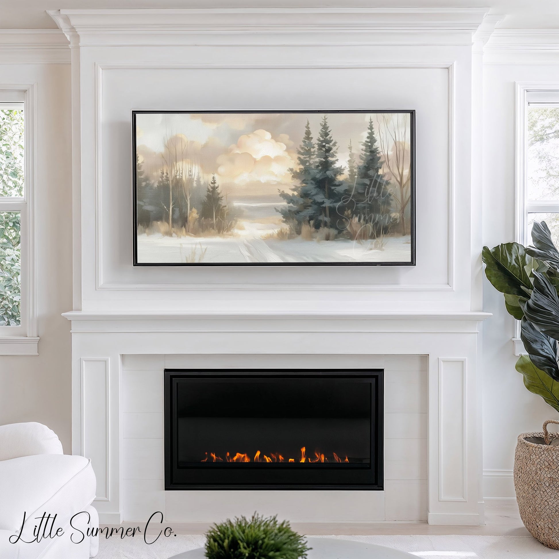 Snowy Pine Path Frame TV Art displayed on a TV