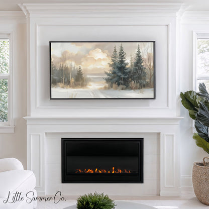 Snowy Pine Path Frame TV Art displayed on a TV