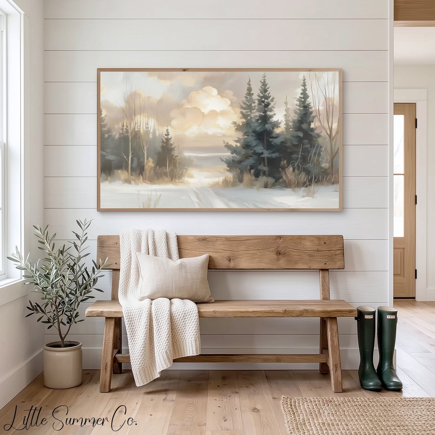 Snowy Pine Path Frame TV Art displayed on a TV