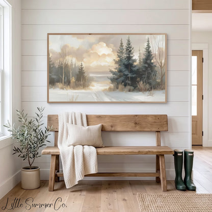 Snowy Pine Path Frame TV Art displayed on a TV