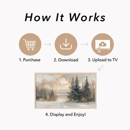 Snowy Pine Path Frame TV Art displayed on a TV