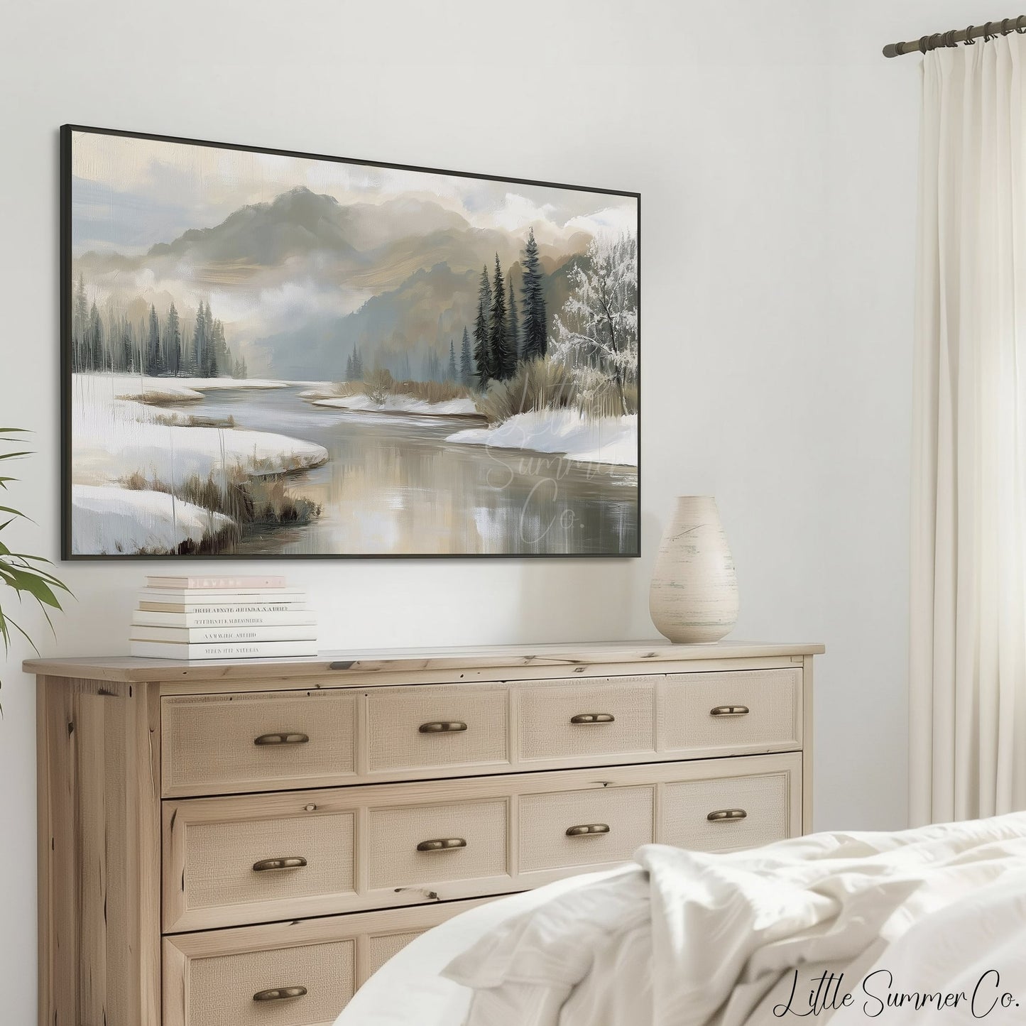 Snowy River and Pines Frame TV Art displayed on a TV