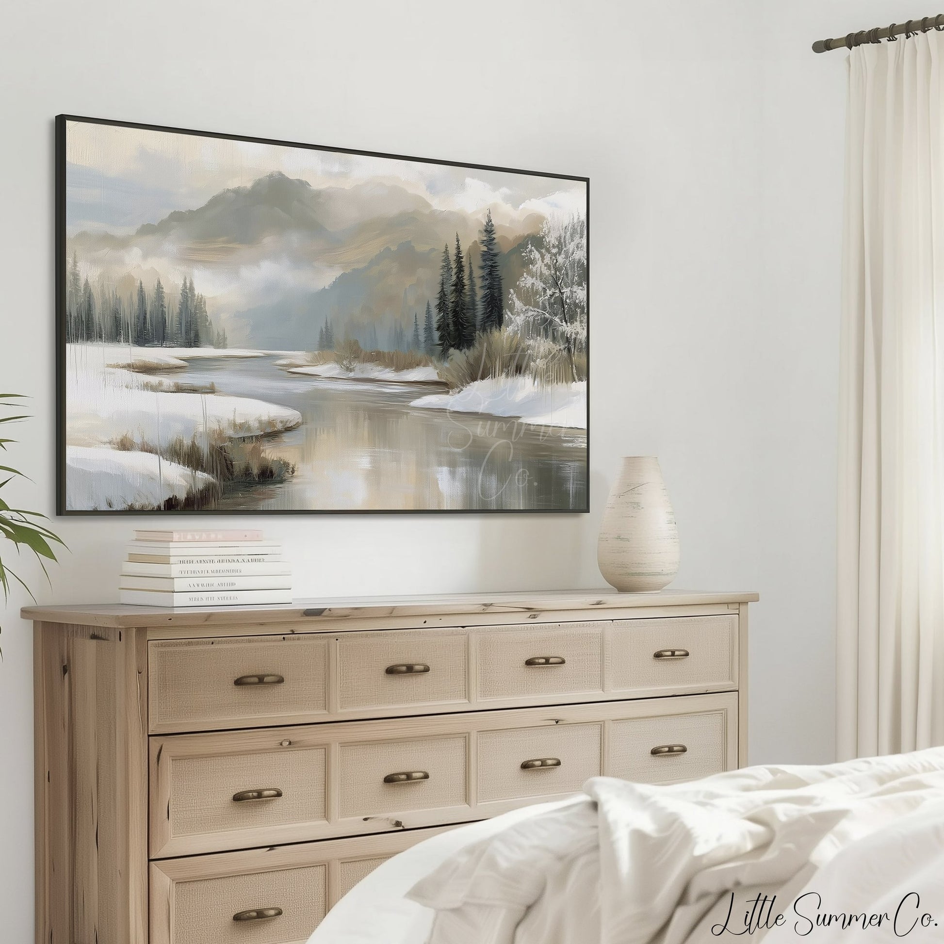 Snowy River and Pines Frame TV Art displayed on a TV