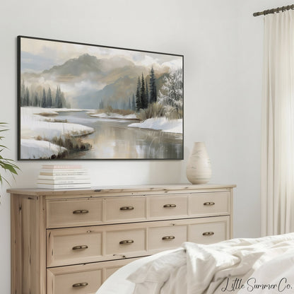 Snowy River and Pines Frame TV Art displayed on a TV