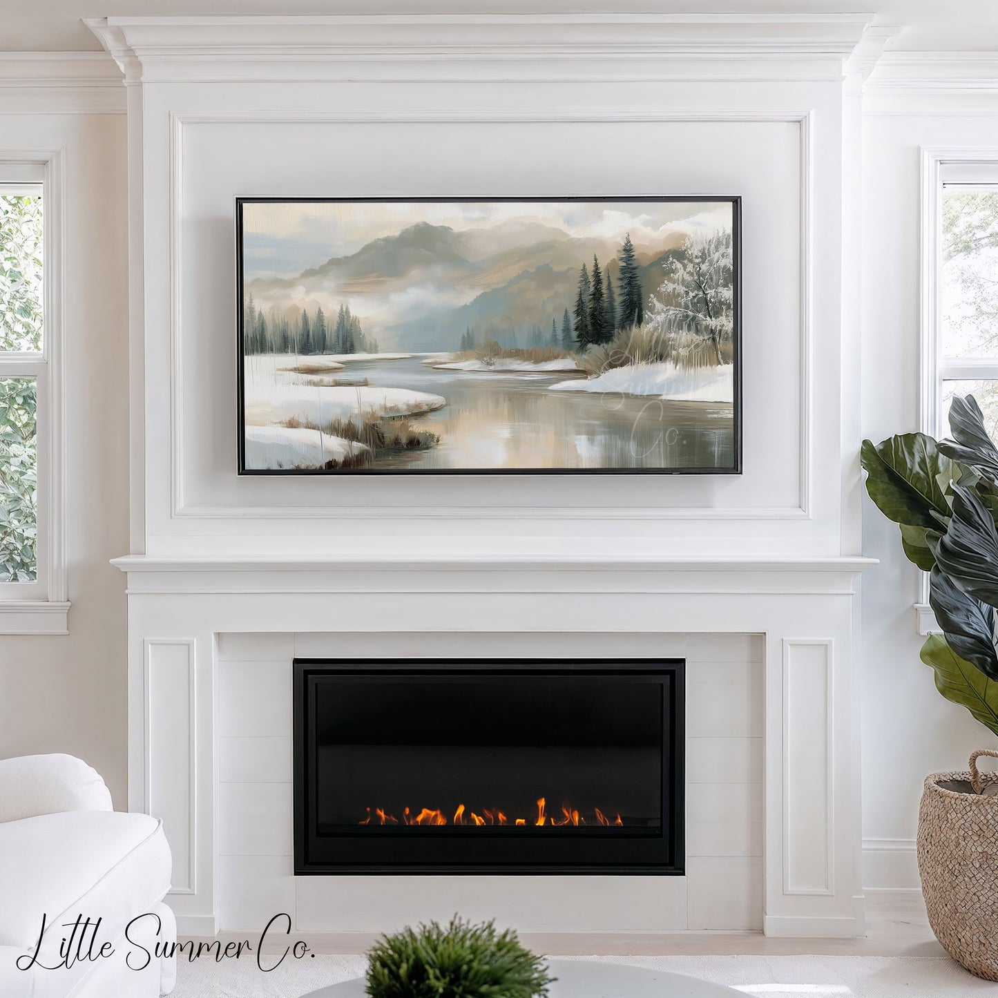 Snowy River and Pines Frame TV Art displayed on a TV