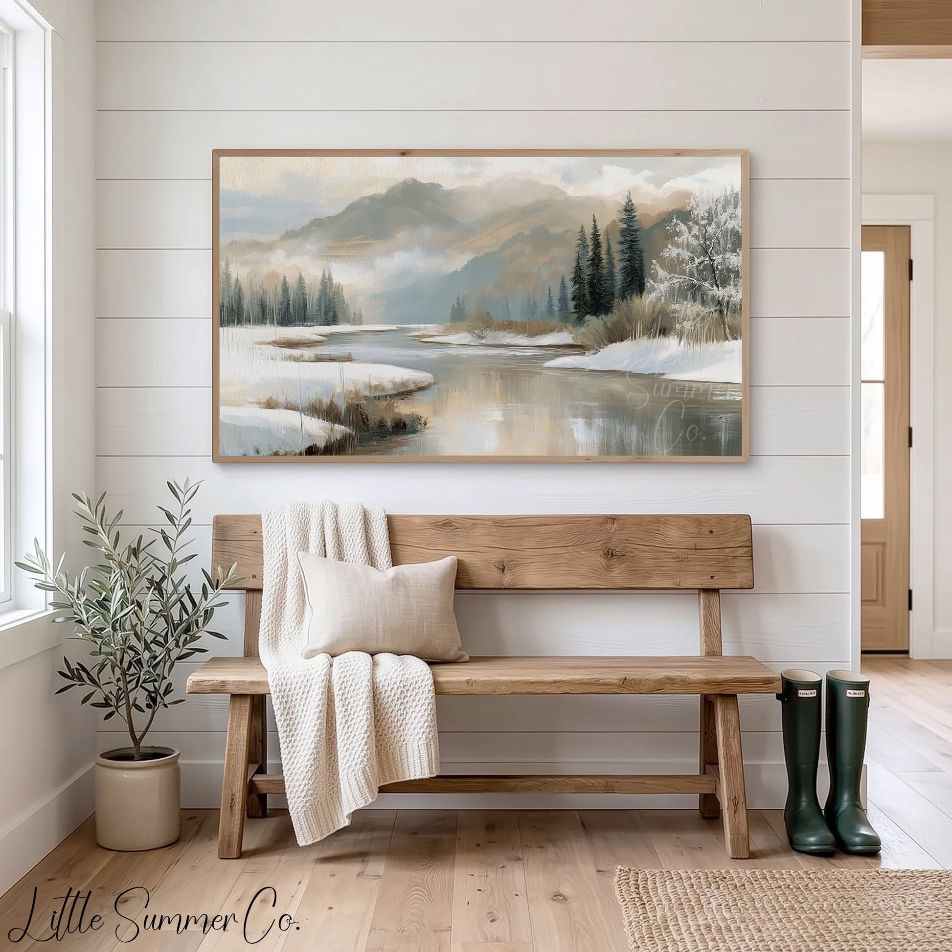 Snowy River and Pines Frame TV Art displayed on a TV