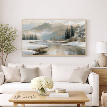 Snowy River and Pines Frame TV Art displayed on a TV