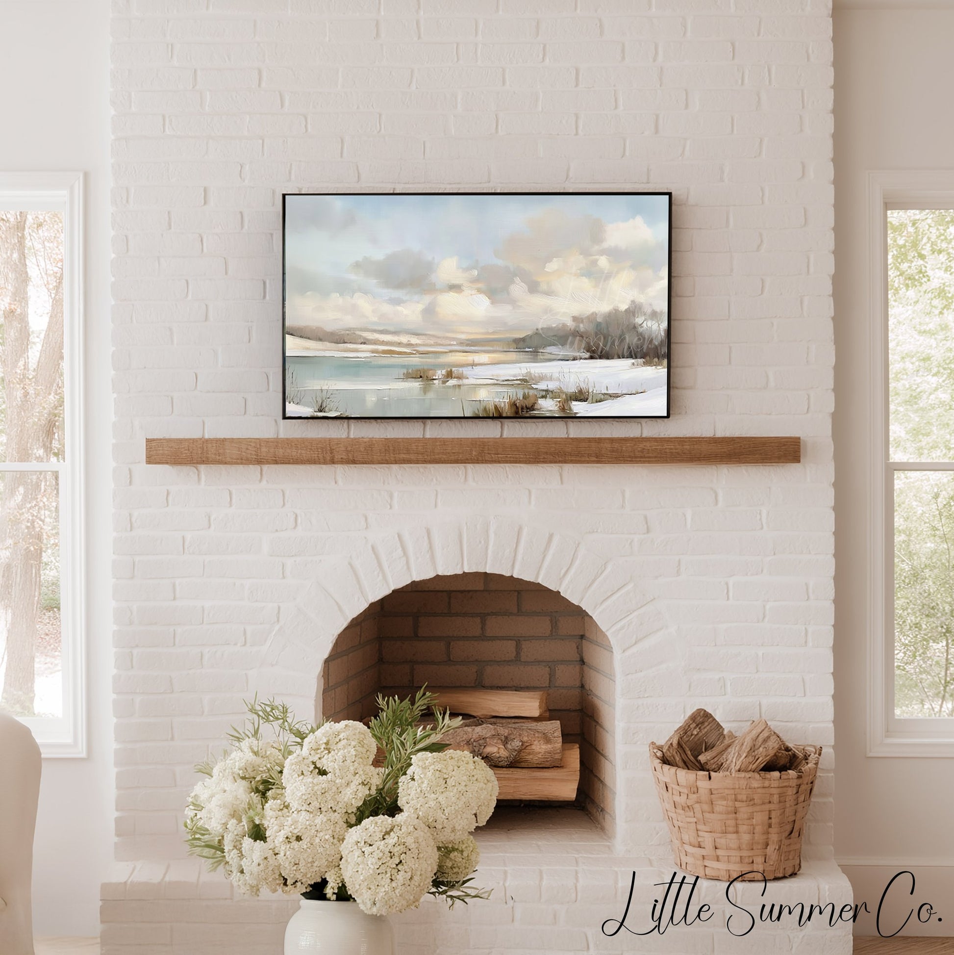 Frozen Lake Winter Sky Frame TV Art displayed on a TV