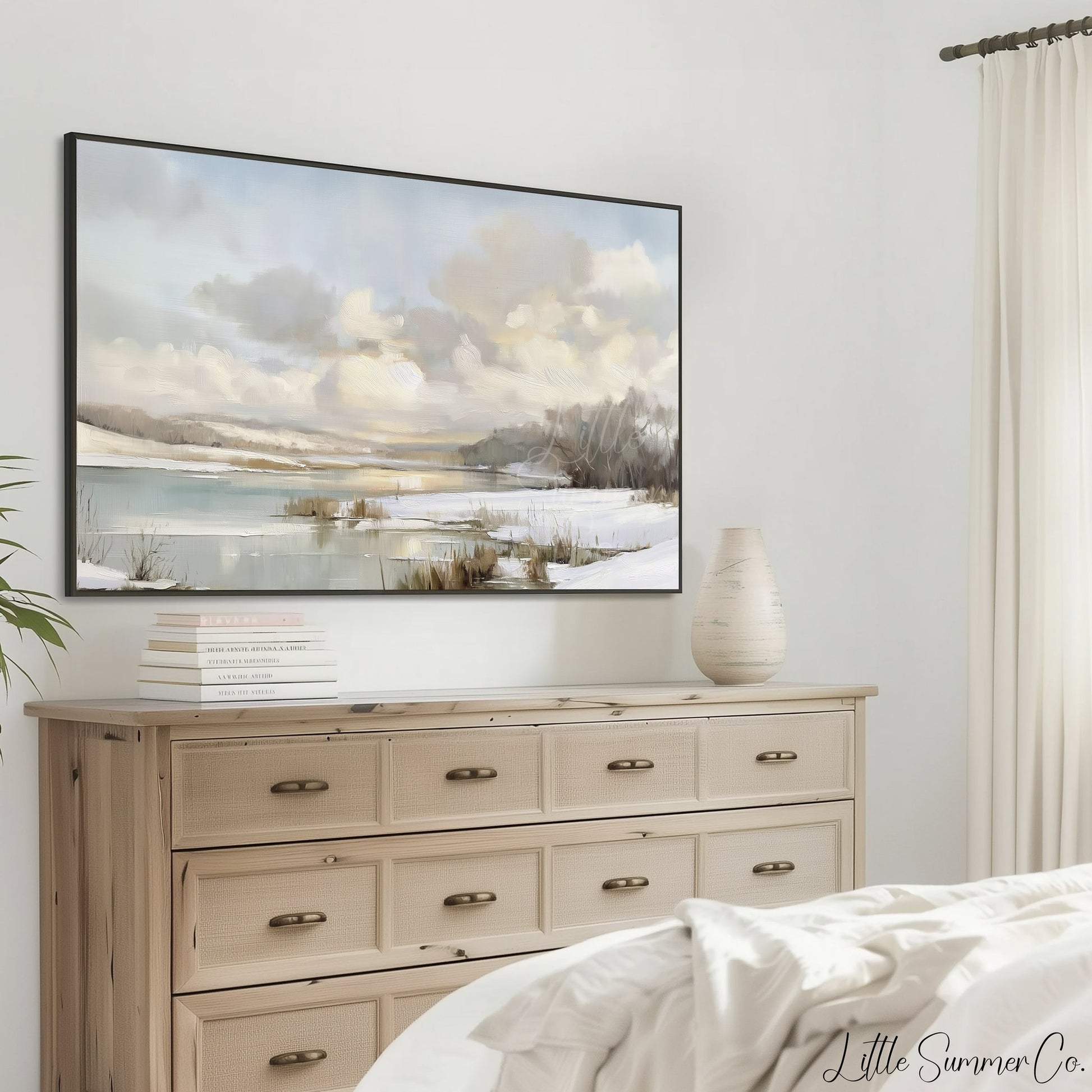Frozen Lake Winter Sky Frame TV Art displayed on a TV