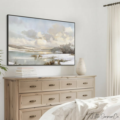 Frozen Lake Winter Sky Frame TV Art displayed on a TV