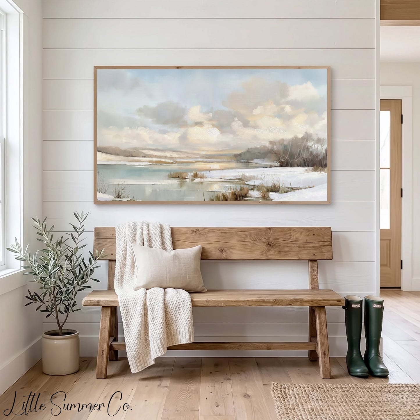 Frozen Lake Winter Sky Frame TV Art displayed on a TV