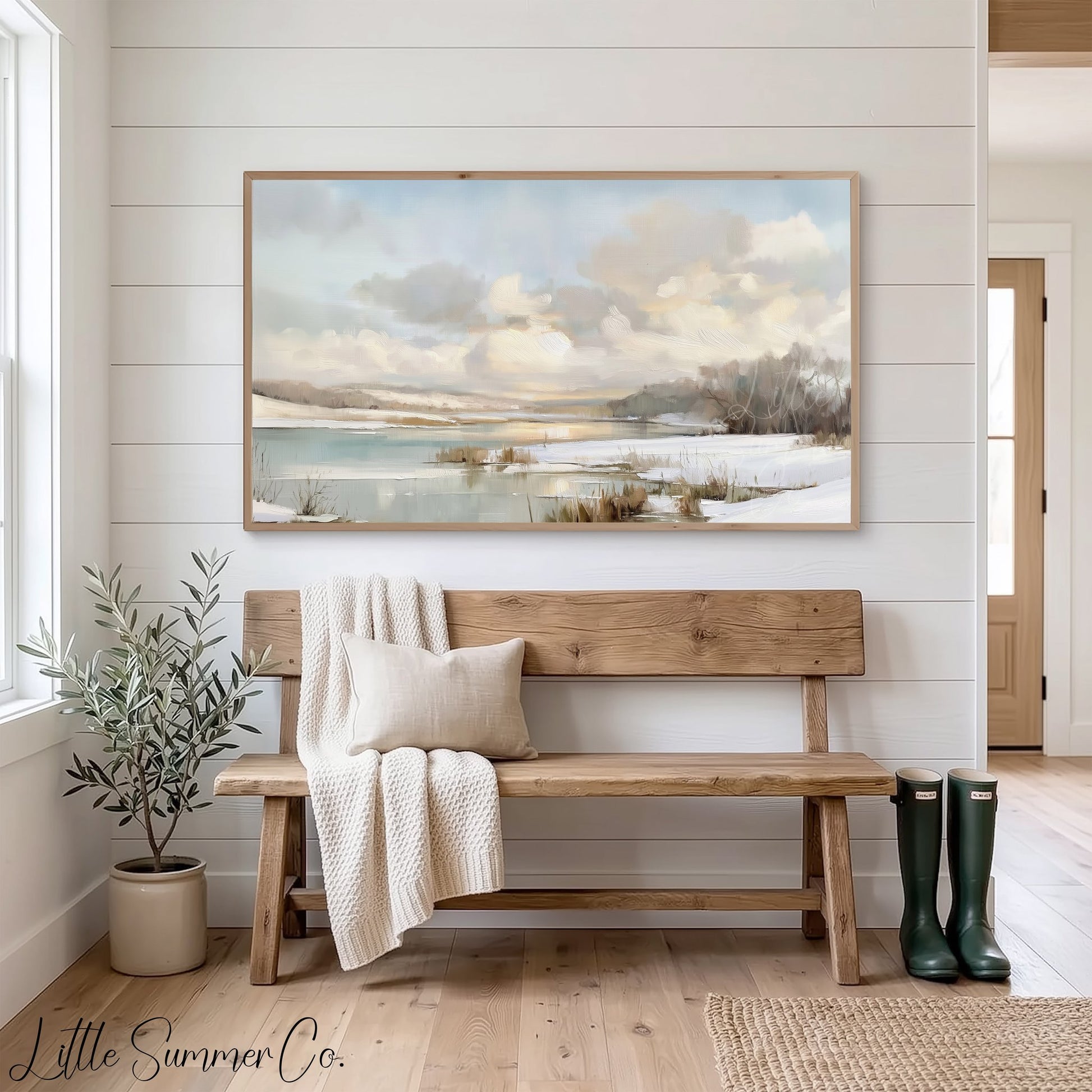 Frozen Lake Winter Sky Frame TV Art displayed on a TV