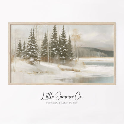 Snowy Pine Lake Frame TV Art displayed on a TV