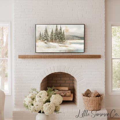 Snowy Pine Lake Frame TV Art displayed on a TV