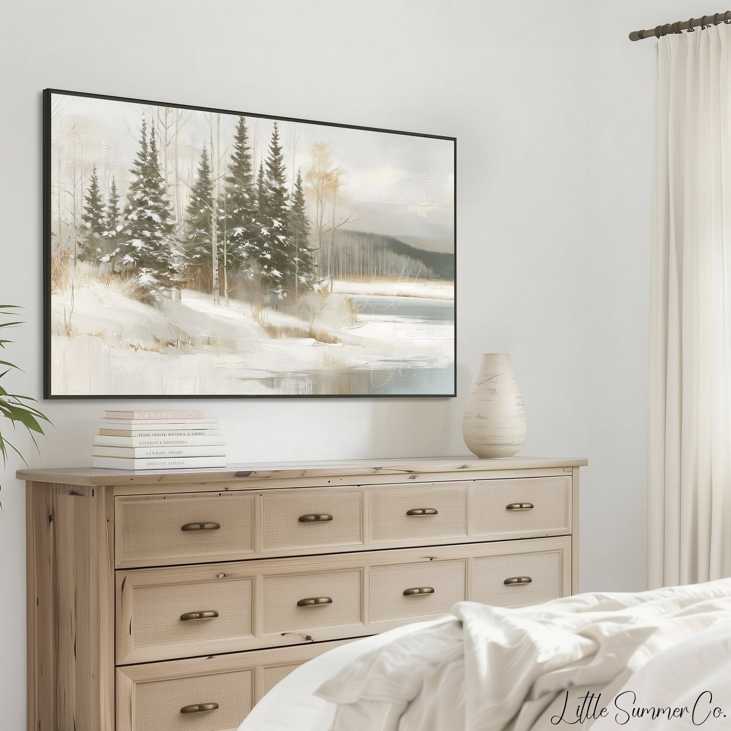Snowy Pine Lake Frame TV Art displayed on a TV