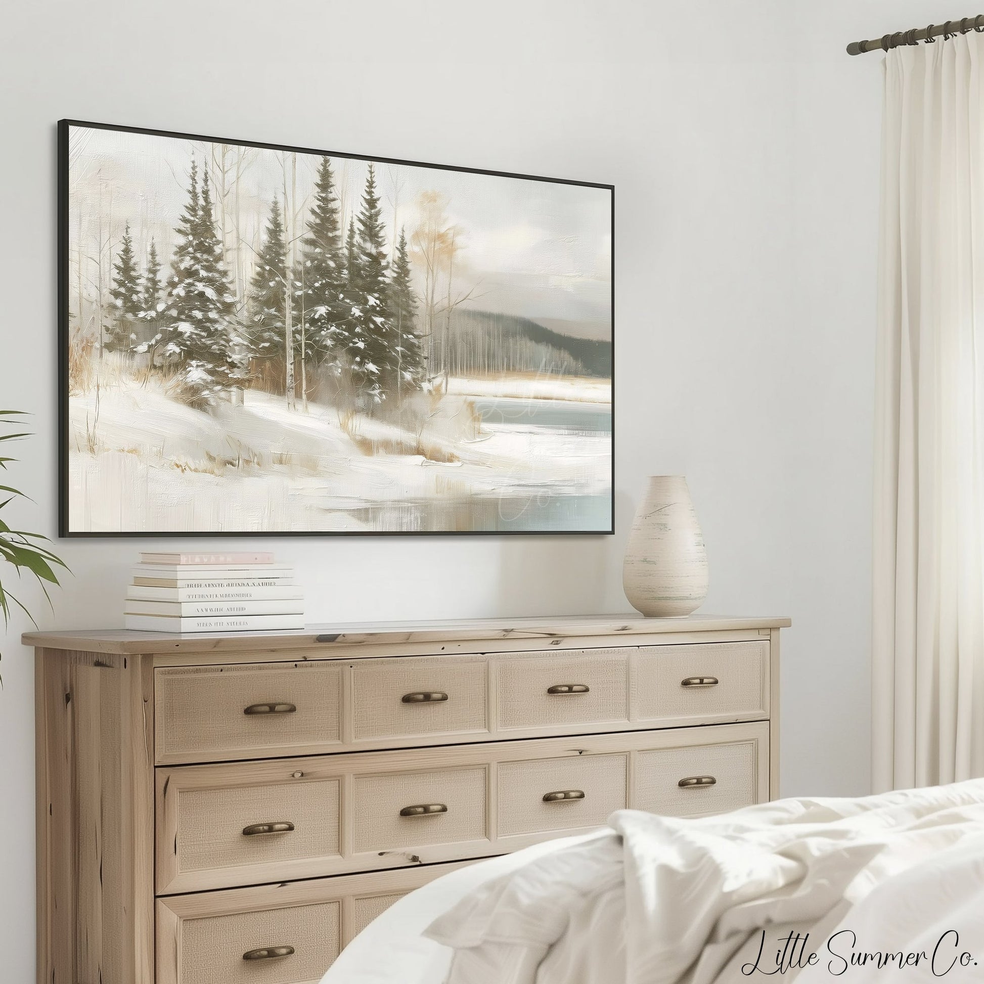 Snowy Pine Lake Frame TV Art displayed on a TV