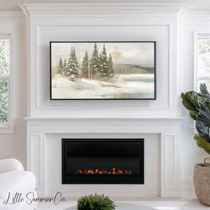 Snowy Pine Lake Frame TV Art displayed on a TV