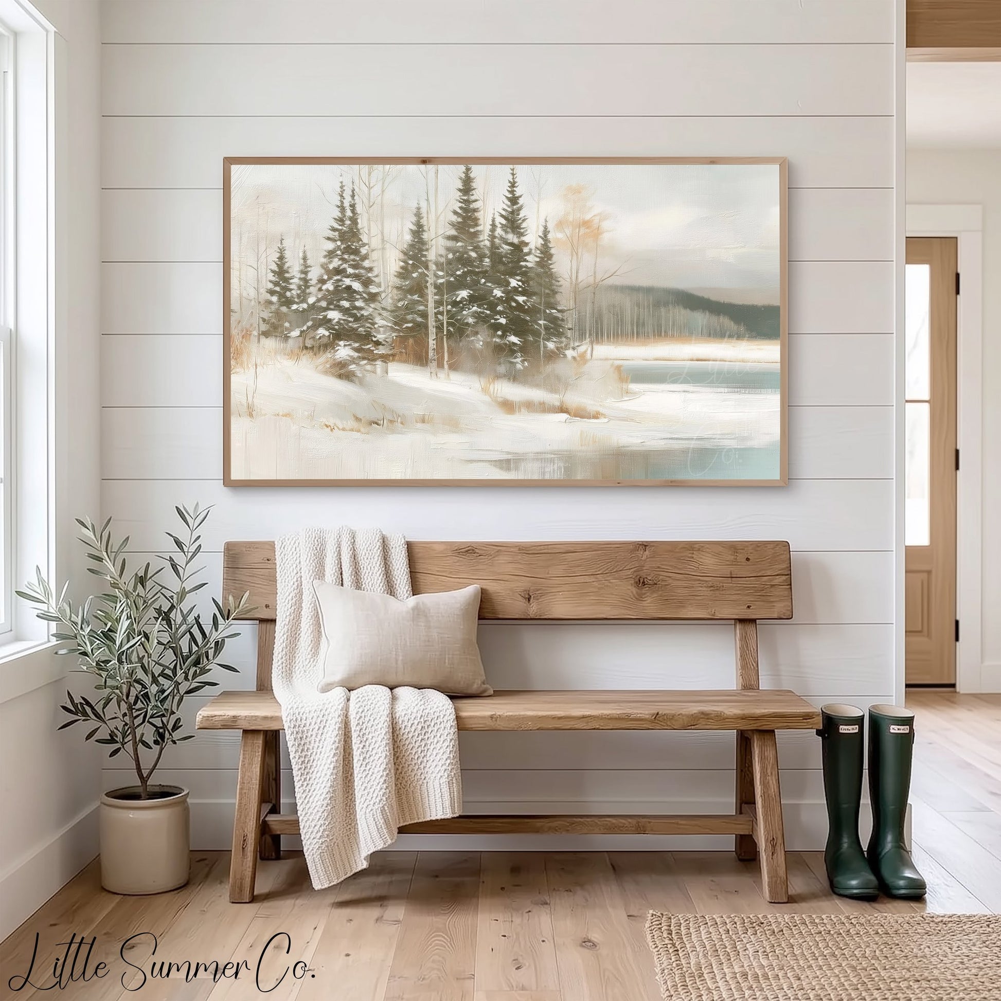 Snowy Pine Lake Frame TV Art displayed on a TV
