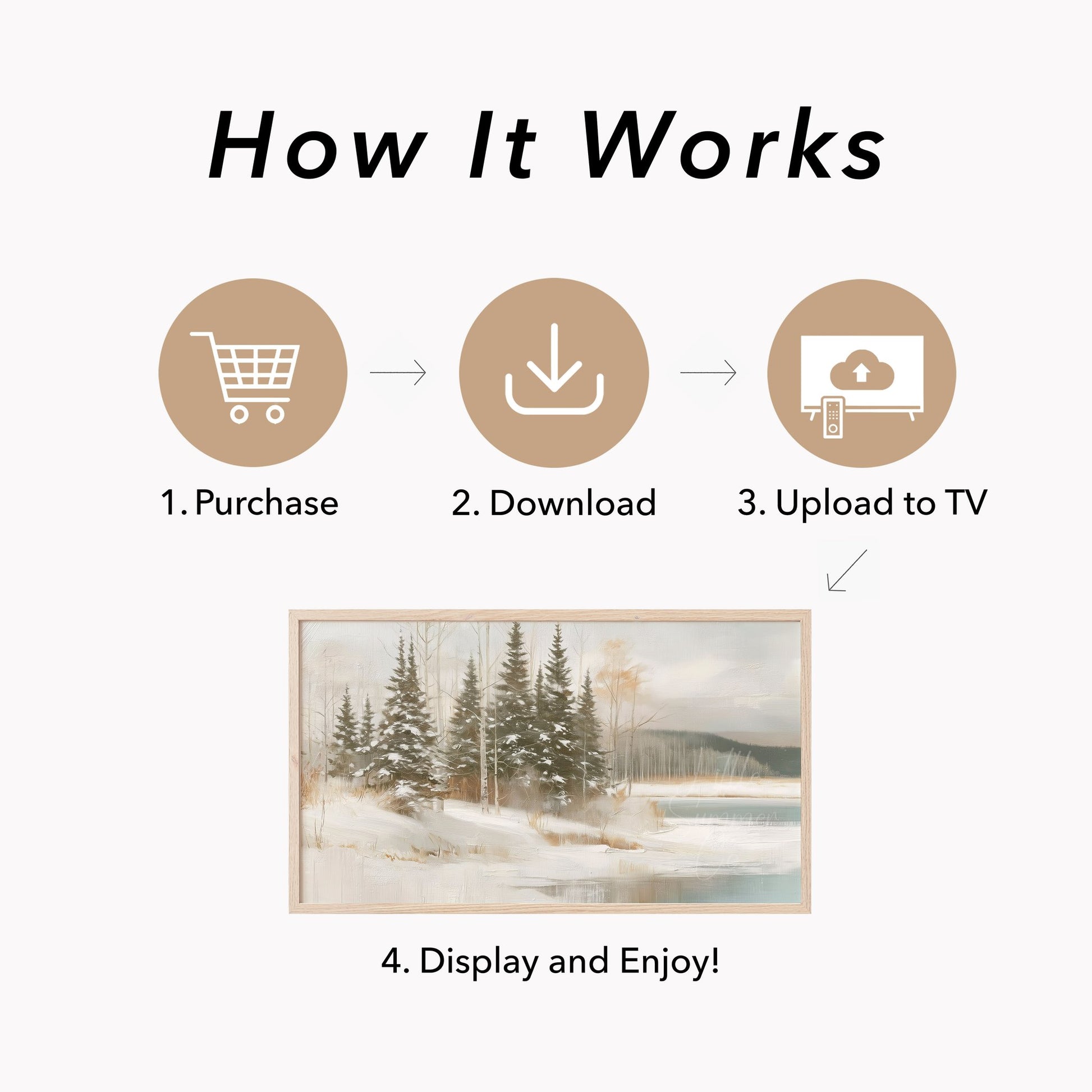 Snowy Pine Lake Frame TV Art displayed on a TV