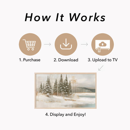 Snowy Pine Lake Frame TV Art displayed on a TV