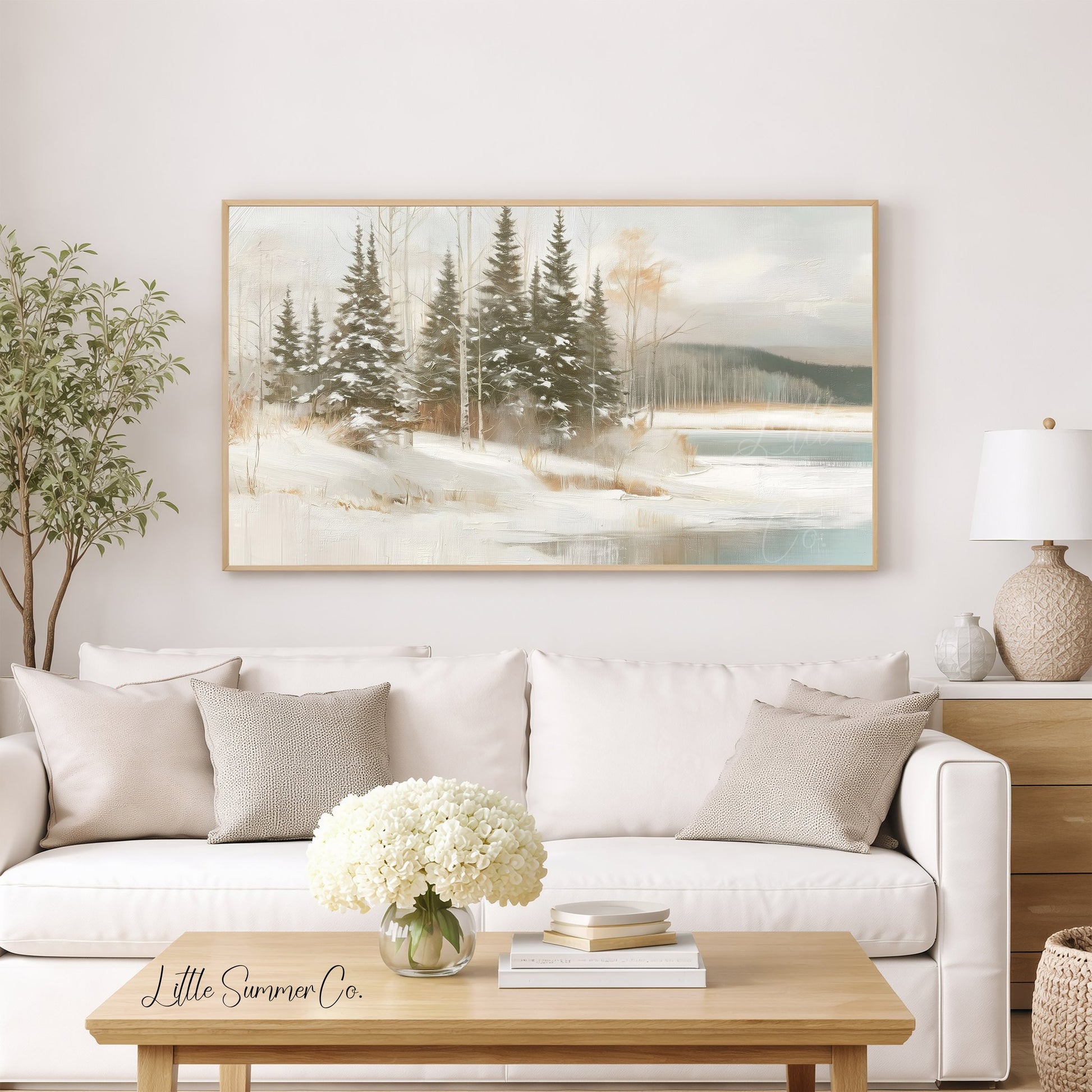 Snowy Pine Lake Frame TV Art displayed on a TV
