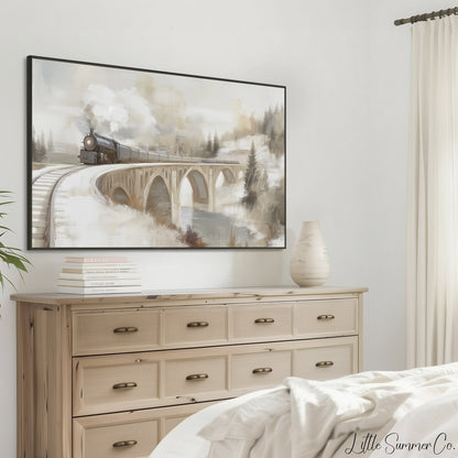 Snowy Train Bridge Frame TV Art displayed on a TV
