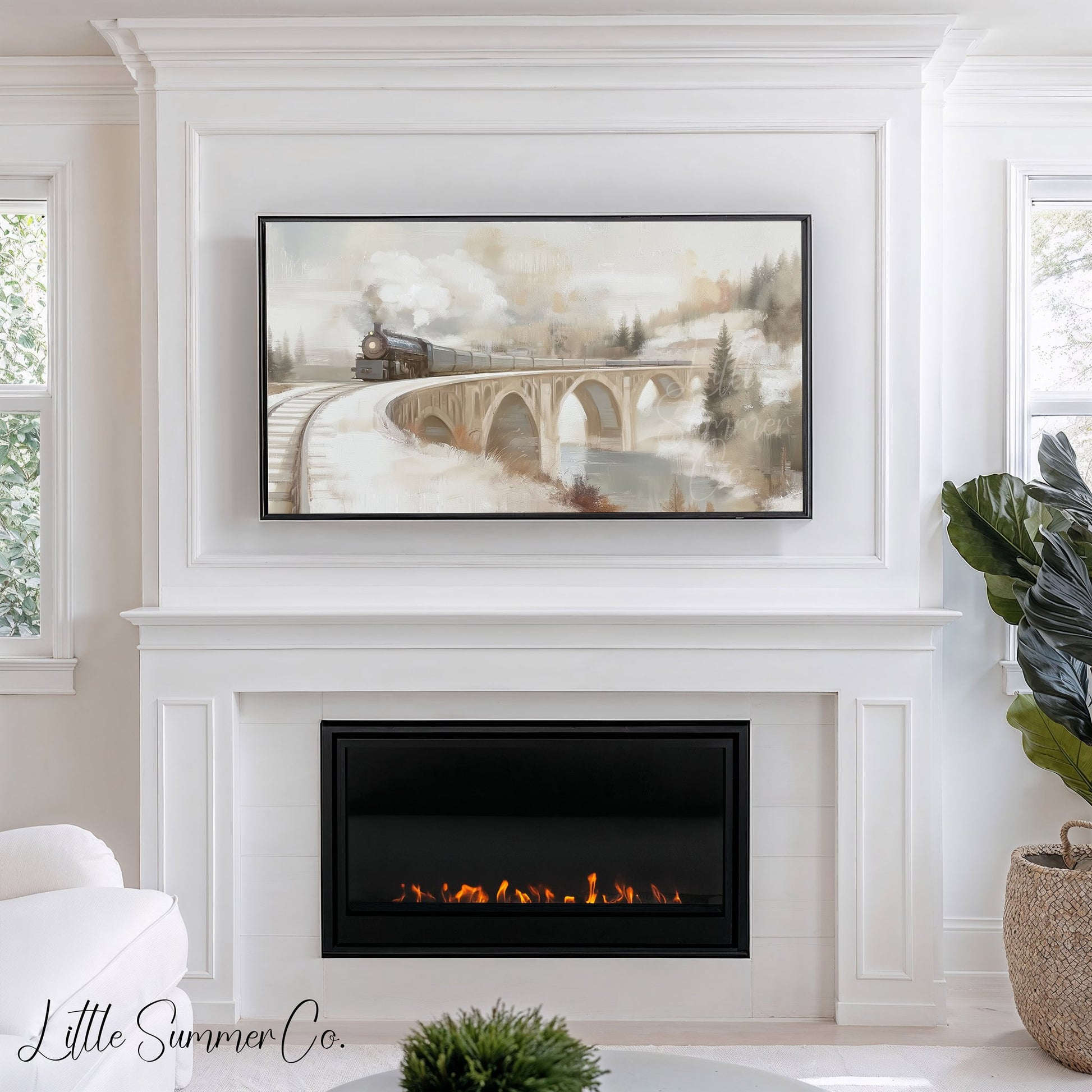Snowy Train Bridge Frame TV Art displayed on a TV