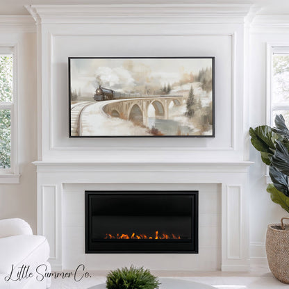 Snowy Train Bridge Frame TV Art displayed on a TV