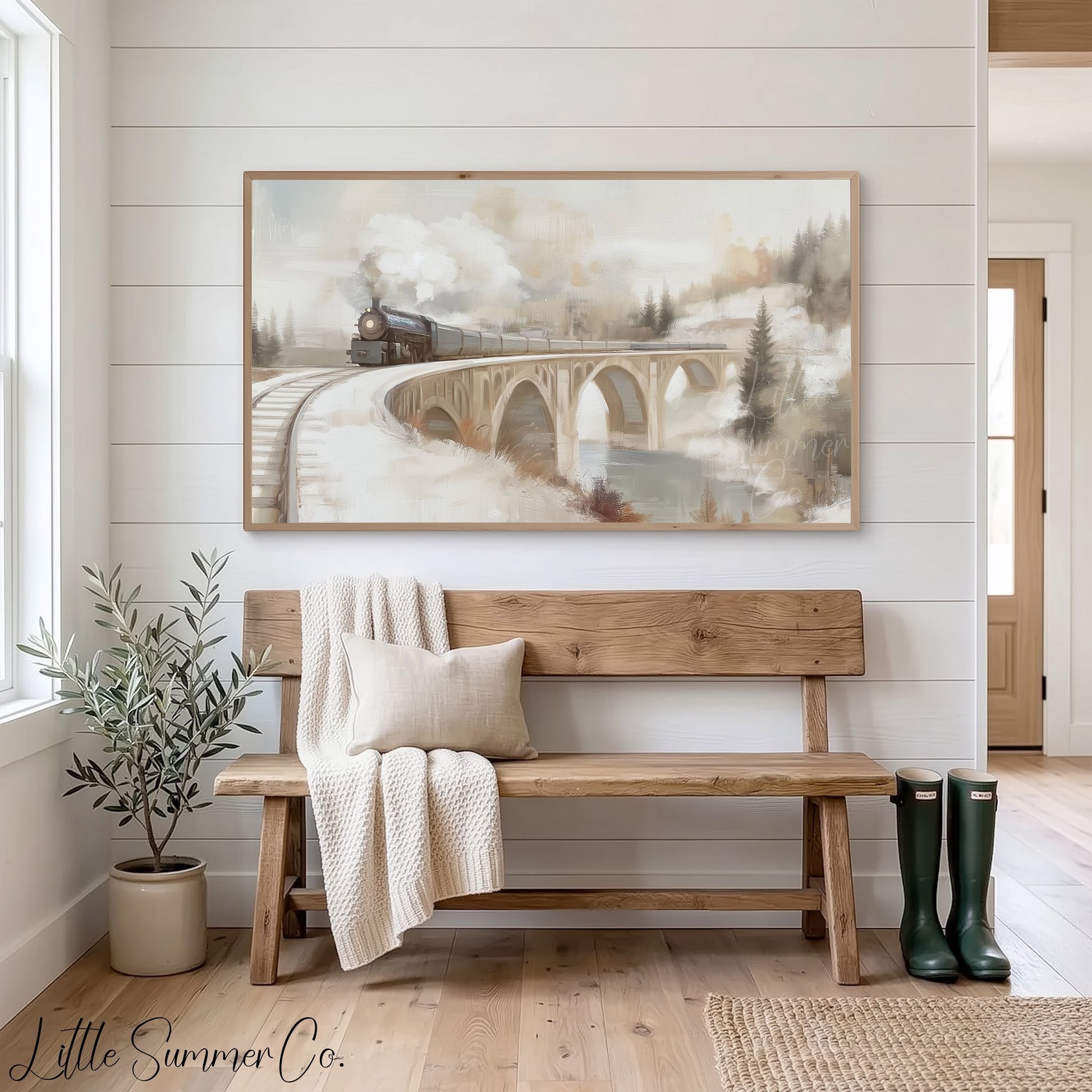 Snowy Train Bridge Frame TV Art displayed on a TV