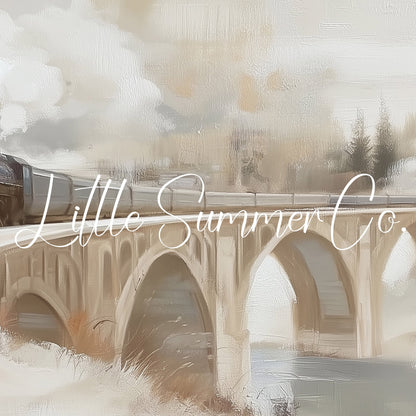 Snowy Train Bridge Frame TV Art displayed on a TV