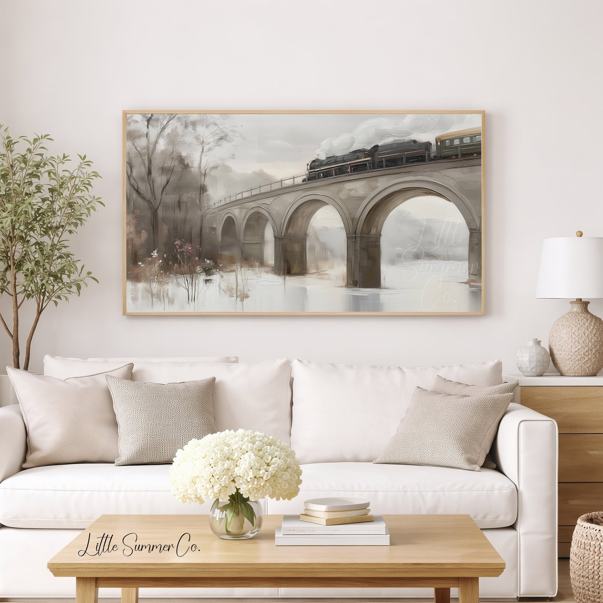 Steam Train Stone Viaduct Frame TV Art displayed on a TV