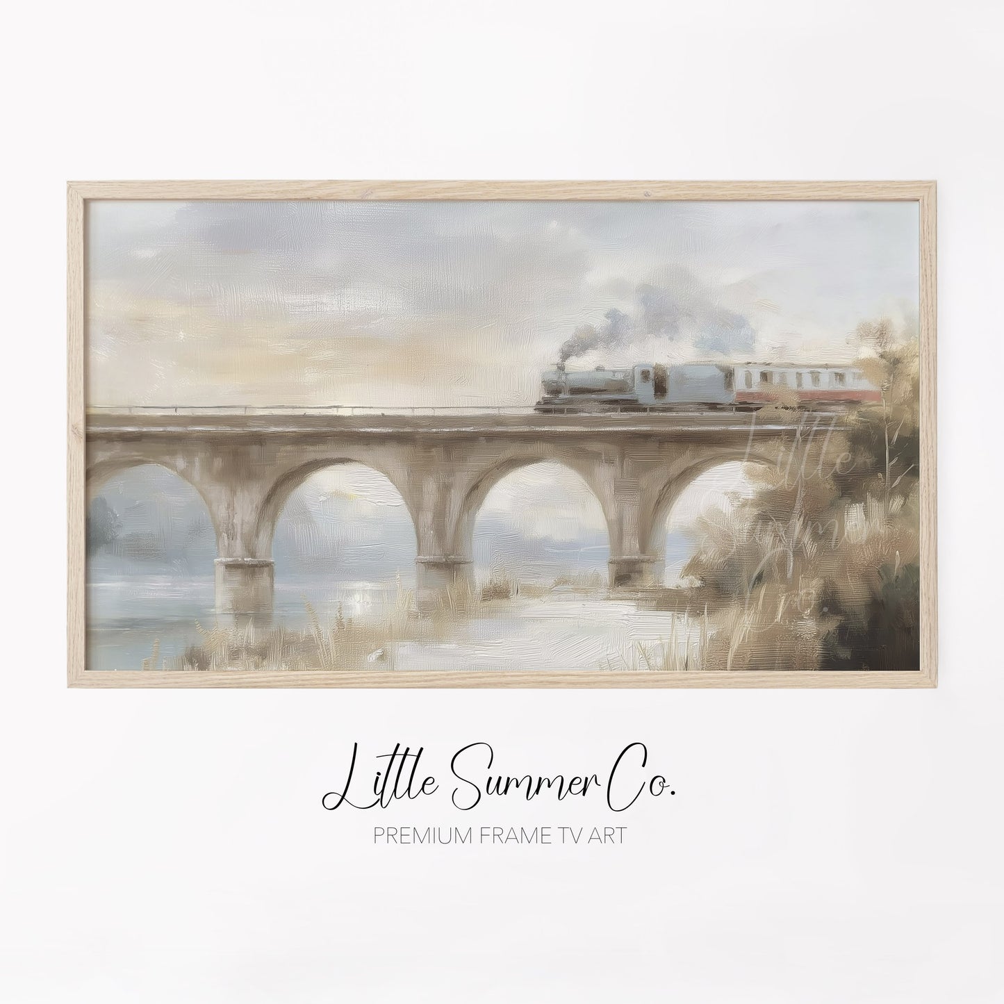 Steam Train Bridge Frame TV Art displayed on a TV