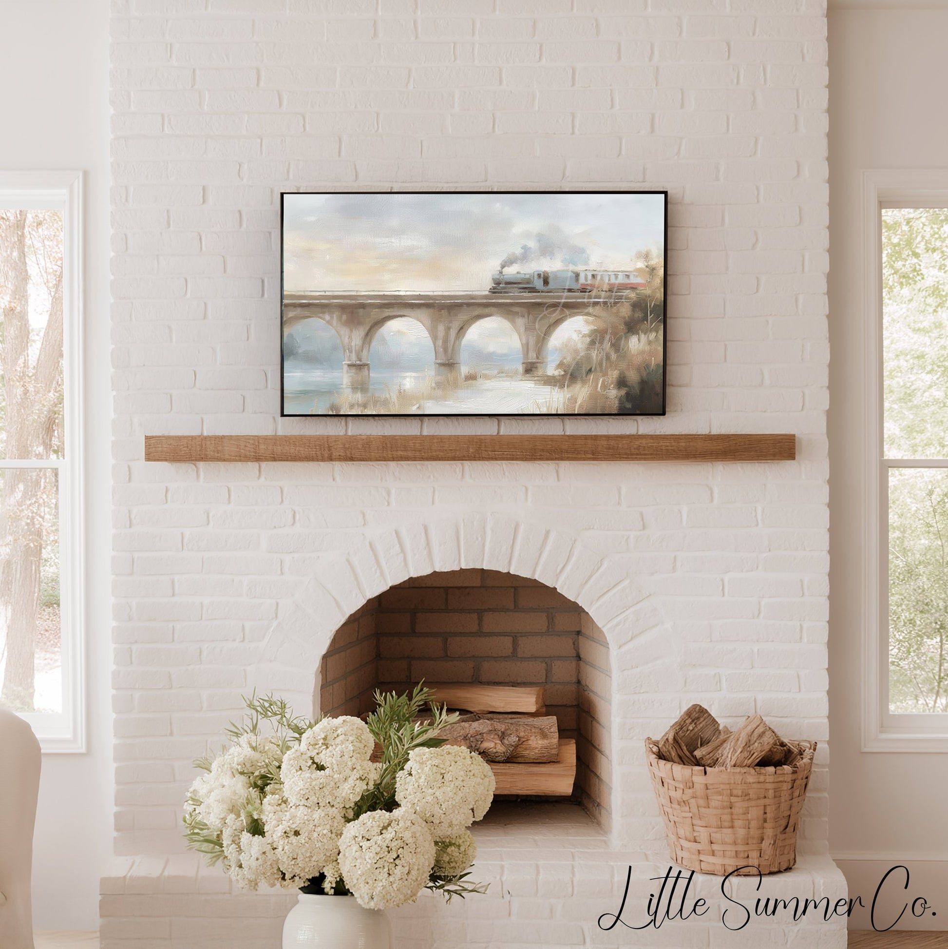 Steam Train Bridge Frame TV Art displayed on a TV