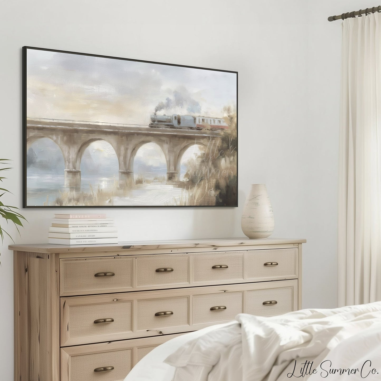 Steam Train Bridge Frame TV Art displayed on a TV
