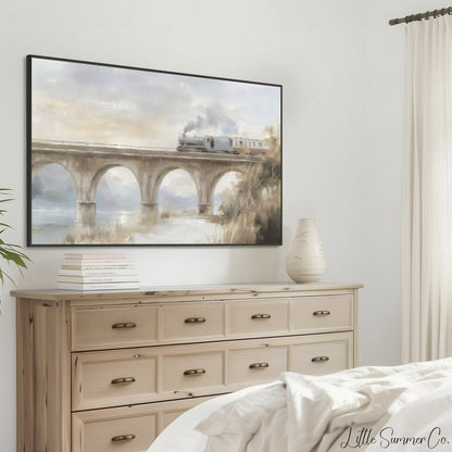 Steam Train Bridge Frame TV Art displayed on a TV