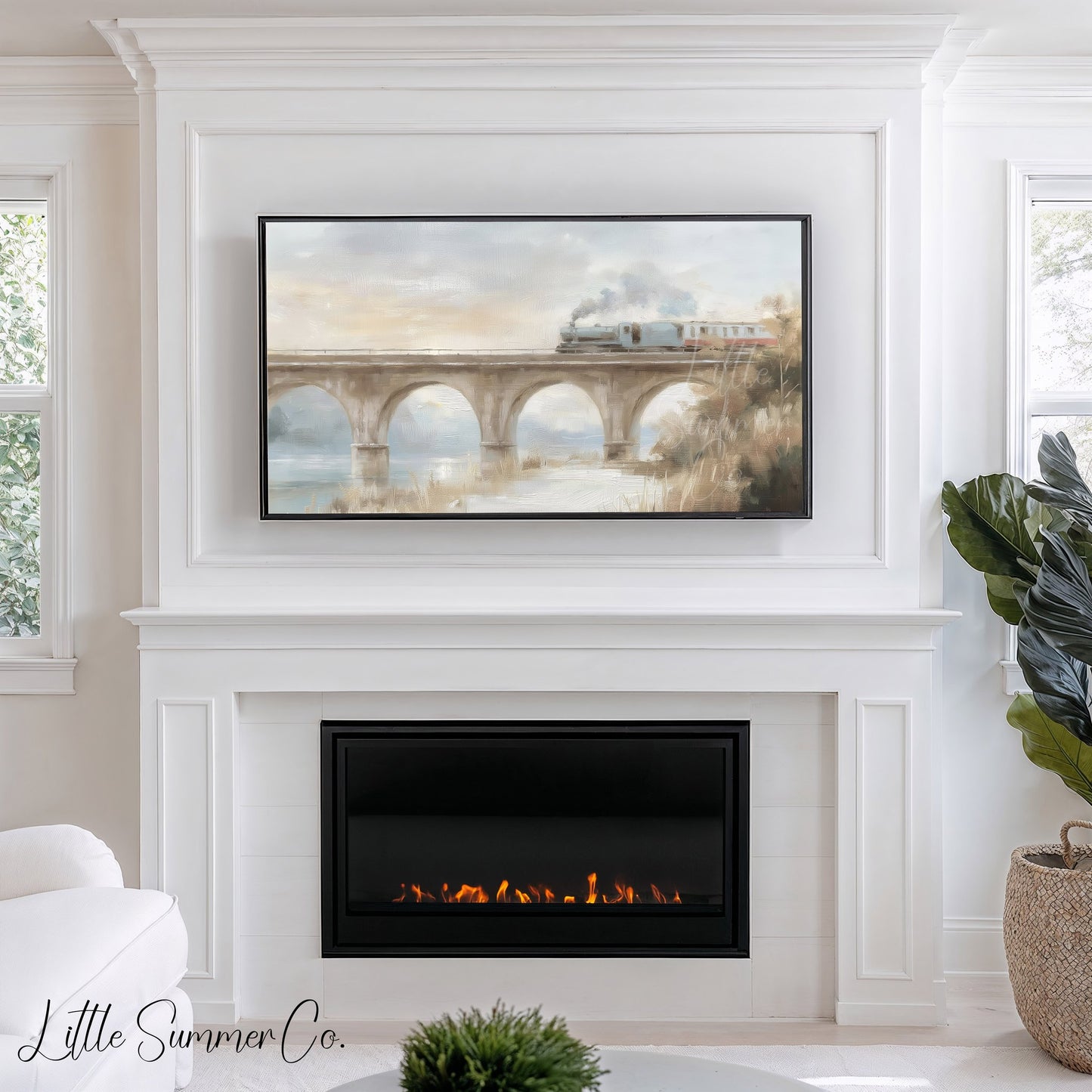 Steam Train Bridge Frame TV Art displayed on a TV