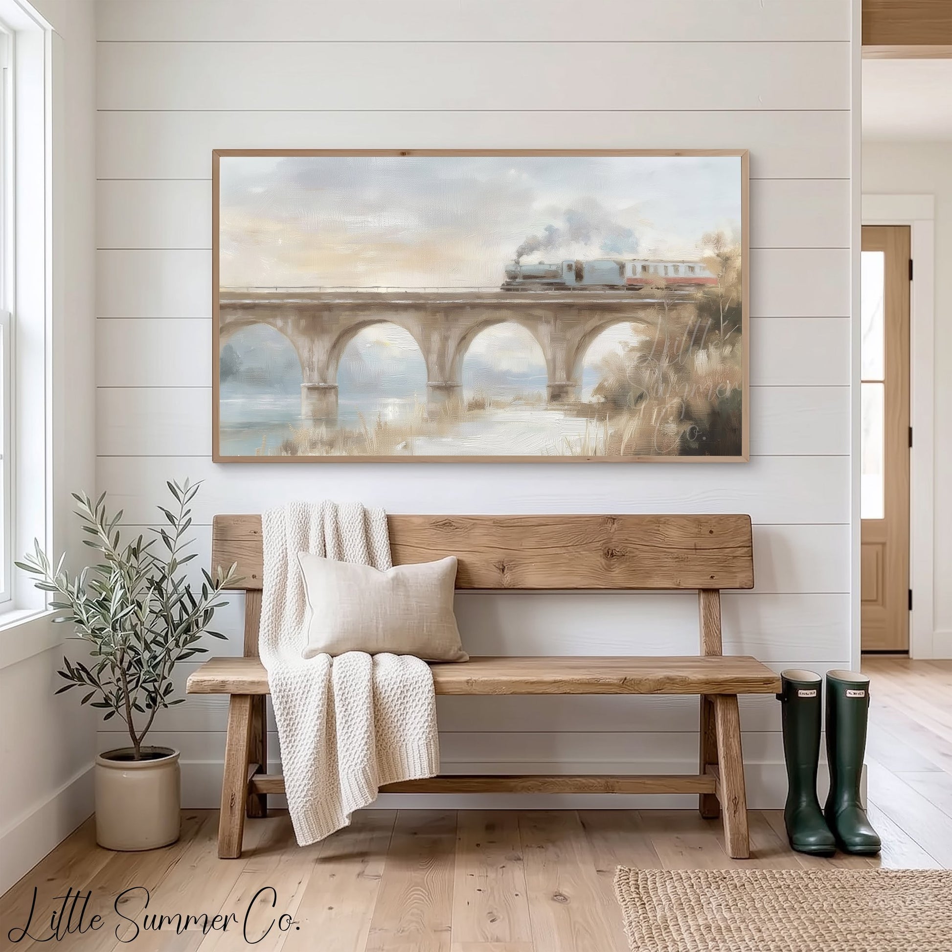 Steam Train Bridge Frame TV Art displayed on a TV