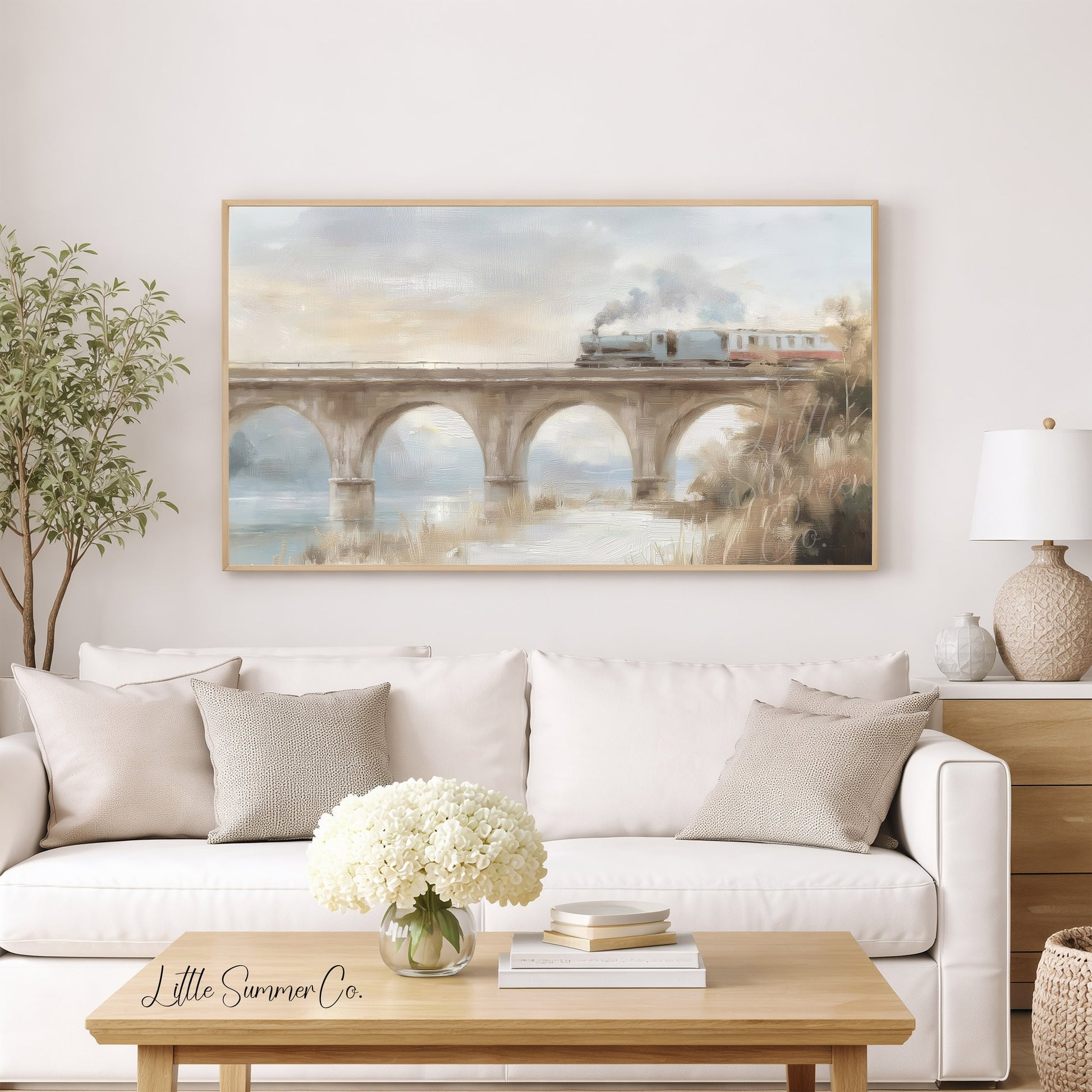 Steam Train Bridge Frame TV Art displayed on a TV