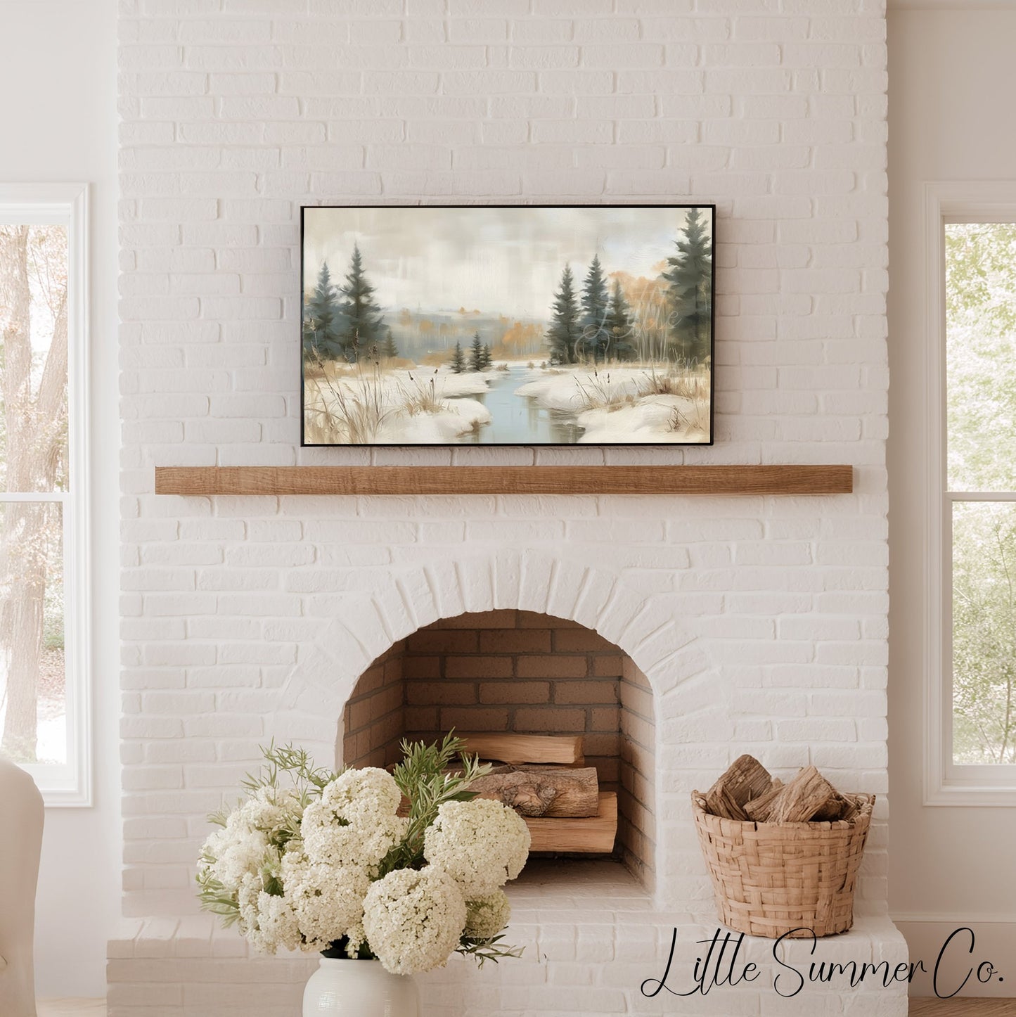 Snowy Forest Creek Frame TV Art displayed on a TV