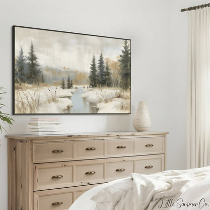 Snowy Forest Creek Frame TV Art displayed on a TV