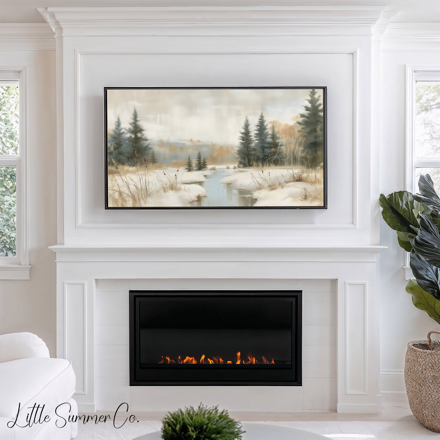 Snowy Forest Creek Frame TV Art displayed on a TV
