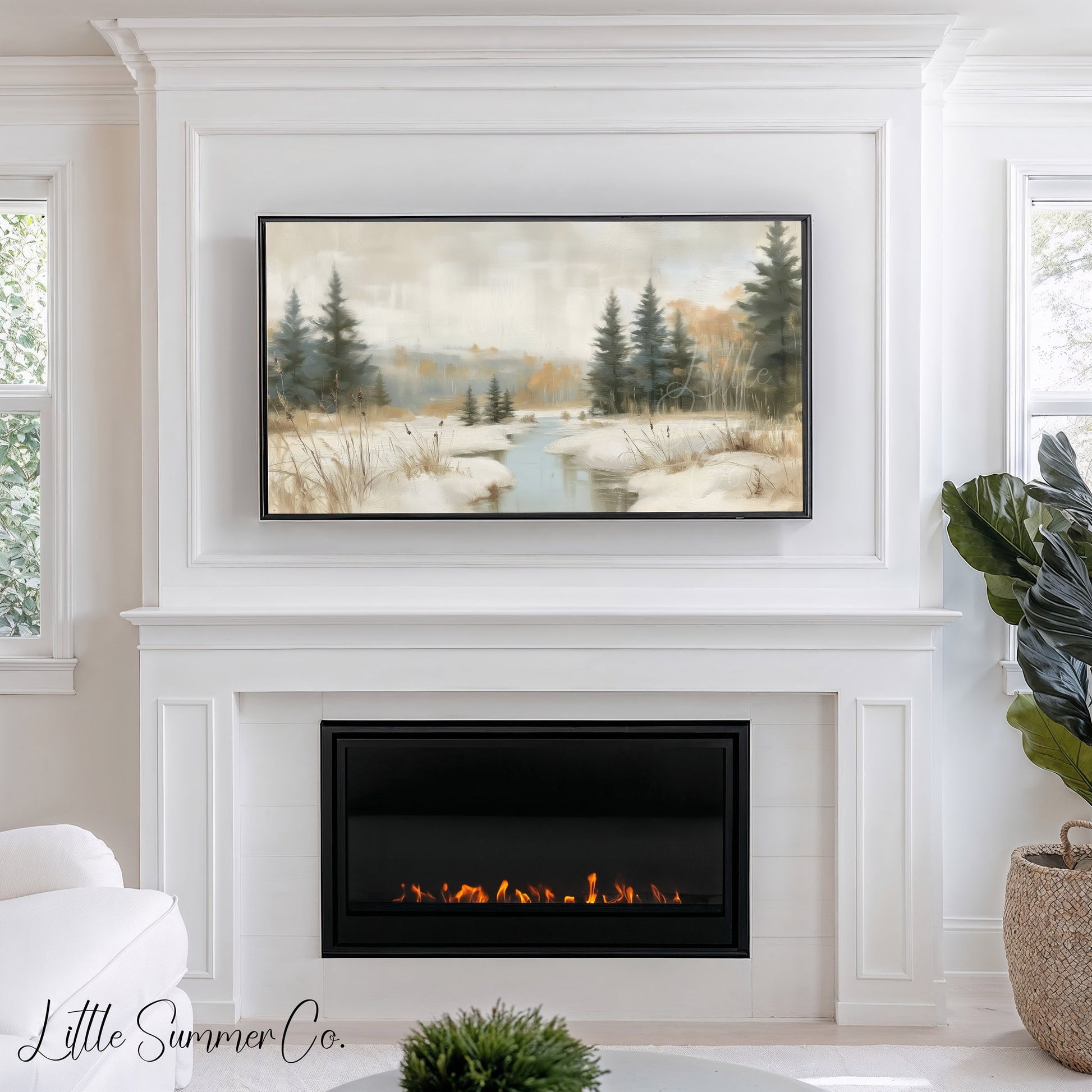 Snowy Forest Creek Frame TV Art displayed on a TV