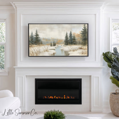 Snowy Forest Creek Frame TV Art displayed on a TV