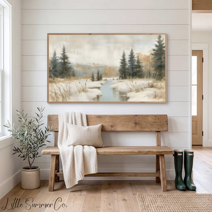 Snowy Forest Creek Frame TV Art displayed on a TV