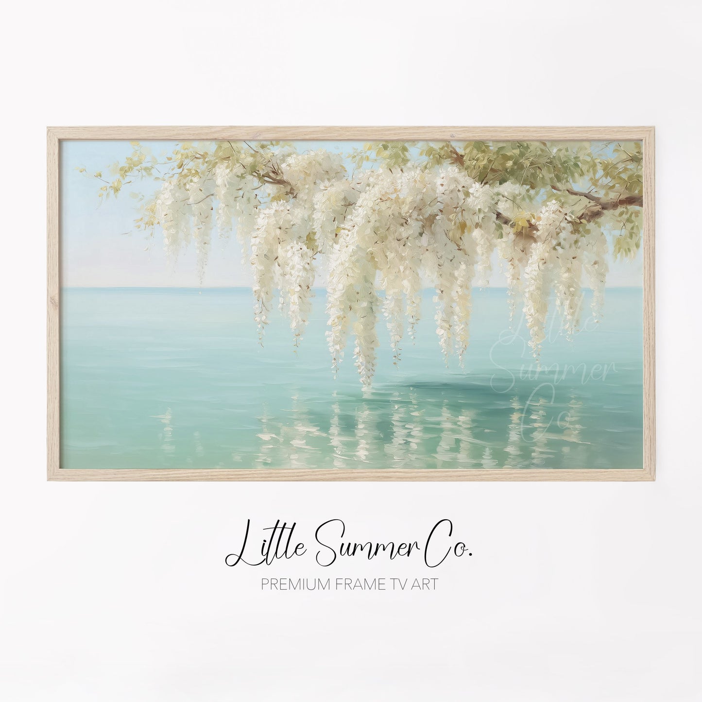 White Wisteria Over Coastal Water Frame TV Art displayed on a TV