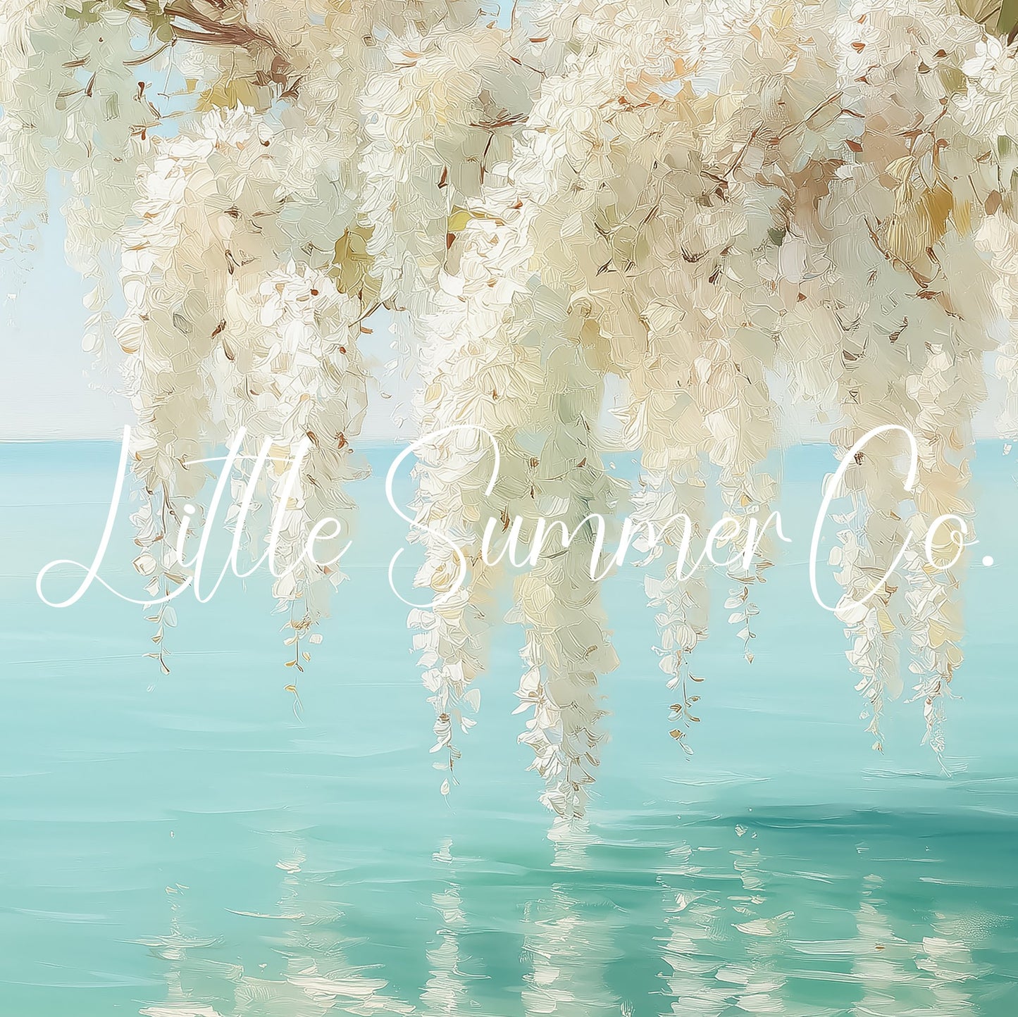 White Wisteria Over Coastal Water Frame TV Art displayed on a TV