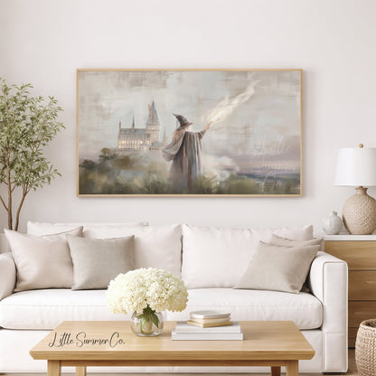 Witch Casting Spell Castle Frame TV Art displayed on a TV